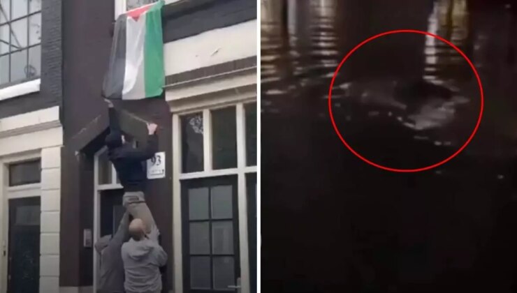 Filistin bayrağını indiren İsrailli taraftarları ırmağa attılar